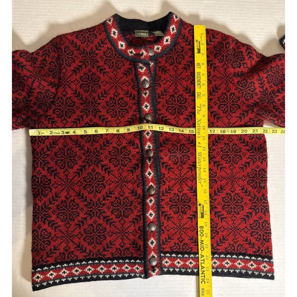 LL Bean Nordic Cardigan Merino Wool Small Red Button Fair Isle   C-44" Med L - Picture 6 of 9